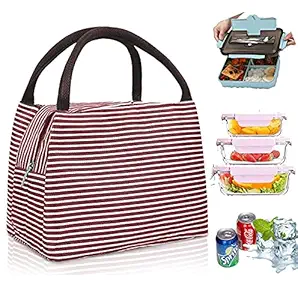 TOAVI Portable Lunch Bag Portable Insulated Canvas Tote Travel Tiffin Bag Thermal Food Canvas Stripe Insulated Cooler Bags Thermal Food Picnic Lunch Bags Kids for Office, College & School