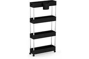 HUOLE Desserte à roulettes, Étagère Roulante, Chariot de Rangement, Gain de Place, pour Salle de Bain 86x12,5x40cm (Noir)