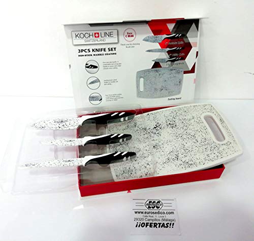 EUROSEDICO / Juego de Cuchillos con Tabla / 3 Cuchillos y 1 Tabla para Cortar/Recubrimiento cerámico/Cocina
