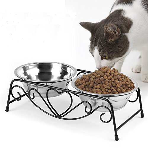 Cusco Comedero de Acero Inoxidable para Mascotas, Doble Perro Gatos Comedero con Hierro Retro Soporte para Perros Gatos Pequeños Cachorros