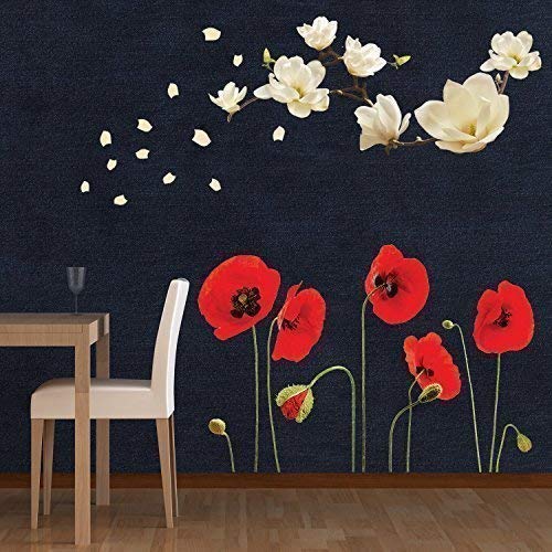 WALPLUS  - Adesivi da Parete Magnolia con Fiori di Papavero Rimovibile Autoadesivo Decalcomania di Arte murale Nursery Ristorante Cafe Hotel Costruzione casa Ufficio Decorazione