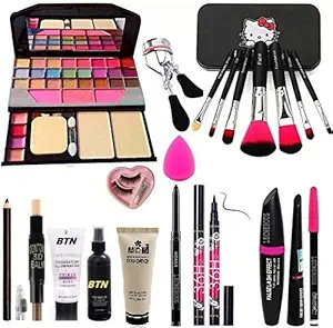 BTN Face Makeup Kit Brush Set With Tya, 3d Contour Stick, Primer, Fixer, Foundation, Kajal, Waterproof 36h Sketch Eyeliner 3in1 Combo Set, Eyelashes Curler And Eyelashes Beauty Blinder (Pack Of 14)
