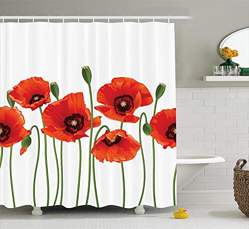 Red Green 60w X 72l Inche Fabric Bathroom Decor Set With Hooks Tgyew Floral Shower Curtain Poppy Flowers Bright Petals With Buds Pastoral Purity Mother Earth Nature Design Accessoires De Douche Cuisine
