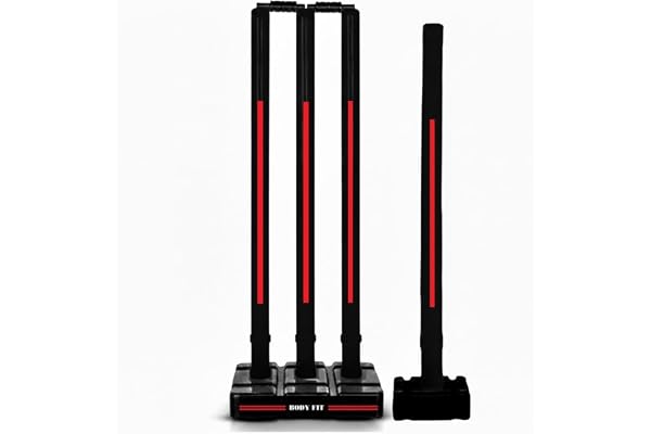 Bodyfit Heavy Cricket Stumps PVC Wickets Set with 4 Stumps + 2 Bails + 2 Stands Full Size Wickets for Cricket Ground, Tournament Wicket Black-Red.