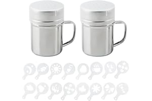 AIFUDA 2 pezzi in acciaio inox draghe shaker con manico e 16 stampi da stampa stencil, sale, pepe, caffè, cacao, cannella, lattina con foro per cucina e cottura