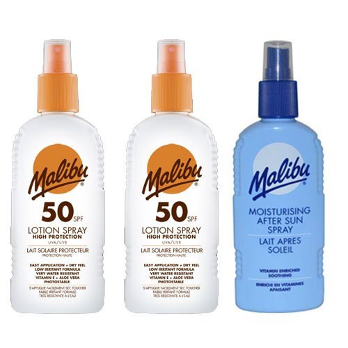 Malibu Lotion Spray SPF 50 x 2 + Aftersun Spray x1. Pack Contains 3 Bottles - 200ml