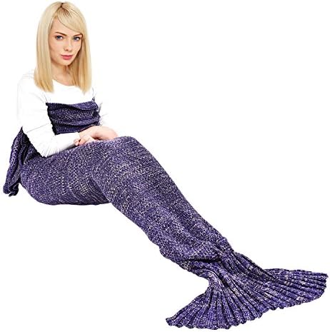 Ecrazybaby888 Handmade Mermaid Tail Blanket, All Seasons Warm Knitted Bed Blanket Sofa Quilt Living Room Sleeping Bag for Adults, Classic Pattern with Lace, 70.9" x 35.5", (180 x 90cm, Dark Purple)