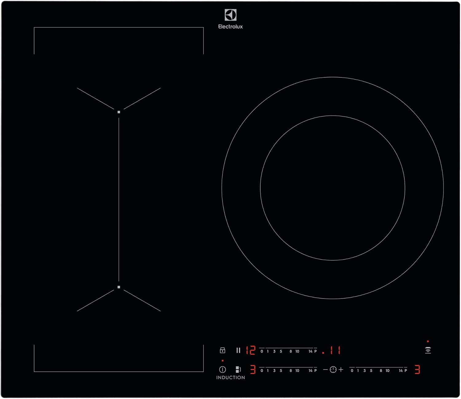 Electrolux LIV63340CK – Placa de Inducción Serie 600 Bridge, 60 cm, 3 Zonas, Zona 28 cm 3,7 kW, Función Puente, Control Táctil Deslizante 0-14, Temporizador, Pausa, Hob2Hood, Sin Marco