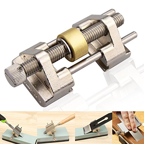 Guide d'affûtage Comsmart - En acier inoxydable - Serrage sur le côté - Angle fixe - Avec rouleau en laiton pour ciseaux à bois, lame de rabot, burin plat - Largeur entre 0,8 et 8,2 cm