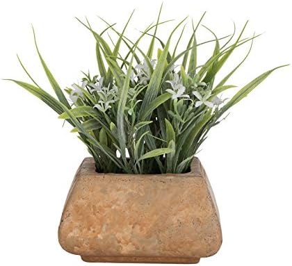 Artificial Grass Flower Green White in Rustic Plant Pot. Fake Faux Plants for Home Decoration for Living Room, Kitchen, Office and Interior Design