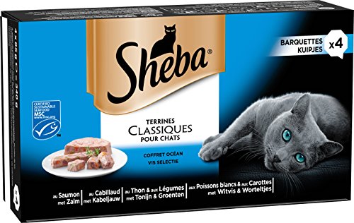 Sheba Terrines Classiques pour Chat Adulte - Nourriture Humide pour Chats - Coffret Océan avec 4 Variétés aux Poissons en Barquette - 24 x 85g