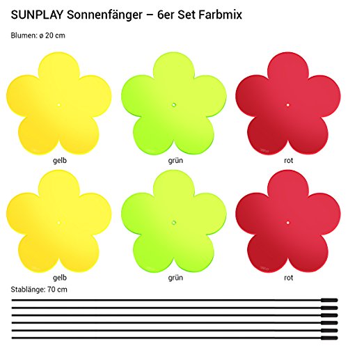 SUNPLAY „Sonnenfänger-Blumen“ 6er Set – 2x Gelb, 2x Grün, 2x Rot – 6 Stück zu je 20 cm Durchmesser im Set + 70 cm Schwingstäbe - 2