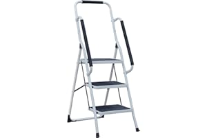 Gr8 Home Portable 3 Step Ladder Foldable Stool Non Slip Tread Heavy Duty Metal Steel Compact Folding Home DIY With Safety Grab Rail Banister Bar Handrail Support
