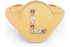 SINGULARU - Anillo Personalizado Signet Letter Colors. Ajustable. Latón con Acabado Baño de Oro de 18 Kt. Talla Unica. Joyas para Mujer. Letra A - Z