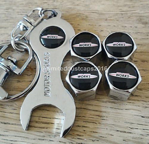 JOHN COOPER WORKS - MINI COOPER CHROME Wheel Valve Dust Caps WITH SPANNER KEYRING EXCLUSIVE FROM US ALL MODELS CLUBMAN CONVERTIBLE COUNTRYMAN PACEMAN JOHN COOPER WORKS