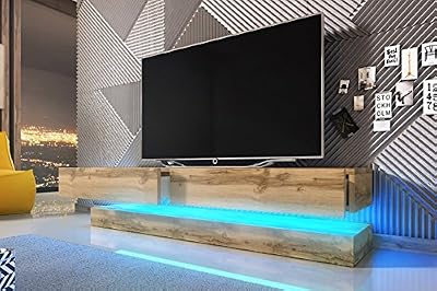 Selsey Aviator - Meuble TV Suspendu / Table Basse TV / Banc TV de Salon (140 cm, Aspect Bois de Chêne de Votan Mat avec l’éclairage LED bleue)
