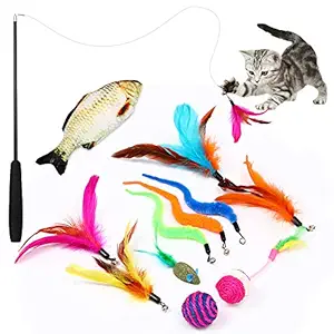 Easeou Cat Toys for Indoor Cats, 12 PCS Retractable Kitten Feather Toys for Indoor Cats, Catnip Fish,Mice Cat Wand Toys, Interactive Catcher Teaser and Funny Exercise Balls and Bells