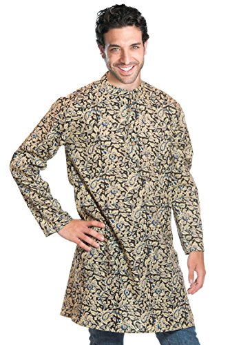 ufash Camisa Kurta de la India, Estampado Tradicional a Mano - 100% algodón, XL, Indigo 6