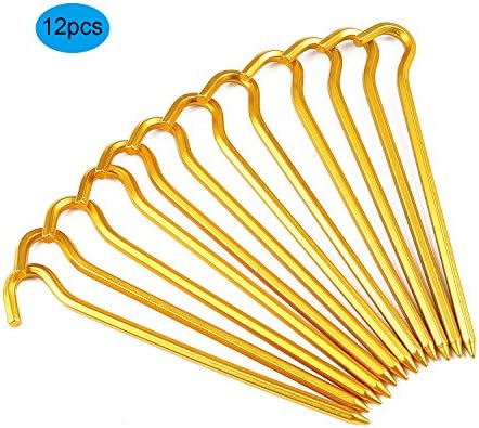 Set of 12 Tent Stakes Heavy Duty Garden Pegs with Hook Strong Aluminum for Camping Hiking and Outdoor Decorations (Golden 12Pcs Tent Stakes)