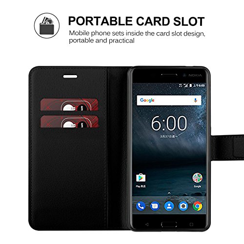 Nokia 6 Custodia - KuGi Lussuosa PU Cover Custodia Protettiva Portafoglio da Mano per Nokia 6 Smartphone (Nero)