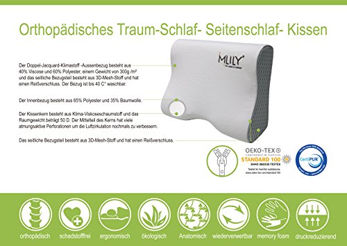 Ebitop Ebi. – K54.37.11 Orthopädisches Seitenschlaf-Viskoseschaum-Kissen mit Kissenbezug 54x37x11/8,5cm weiß - 2