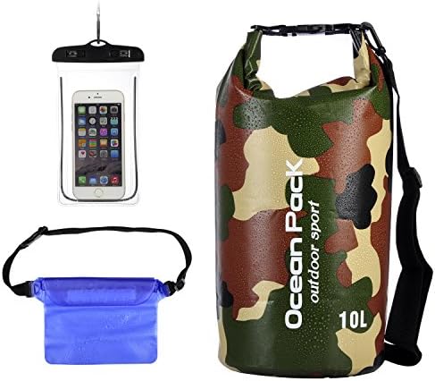 Raking 100% Waterproof Dry Bag with Waterproof Phone Case/Waterproof Bumbag/Long Adjustable Shoulder Strap for Boating, Fishing, Swimming, Rafting, Kayaking, Camping, Snowboarding (Camouflage, 10L)