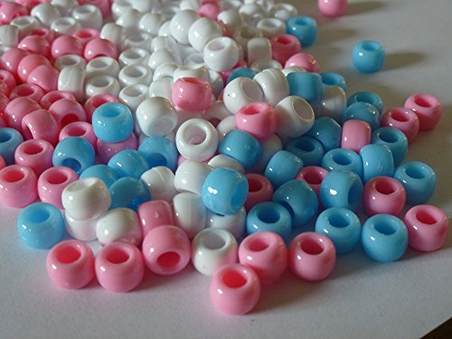 100 x Pony Beads 9mm x 6mm Baby Mix - Blue, White Pink Plastic Barrel Craft Beads