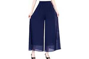 Fakanhui Pantalon Palazzo en mousseline de soie pour femme Taille haute élastique Pantalon d'affaires fluide décontracté