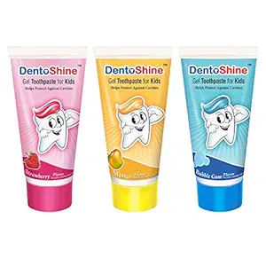 DentoShine Gel Toothpaste for Kids - Pack of 3 Flavors (Strawberry, Mango & Bubble Gum, 80 g each)