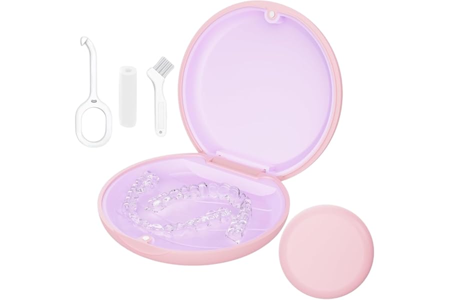 Retainer Case, Slim Aligner Cases for Invisalign, Mouthguard Case with Removal Tools& Aligners Chewies& Brush, Removable Inner Tray Silicone for Easy Cleaning (Pink)