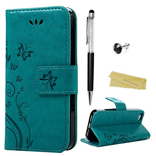 Funda iPhone 5S, iPhone 5 SE Carcasa Libro de Cuero Impresión Con Tapa y Cartera,Correa de mano - Mavis's Diary Carcasa PU Leather Con TPU Silicona Case Interna Suave,Soporte Plegable,Ranuras para Tarjetas y Billetera,Cierre Magnético - Diseño de Mariposa y Flor,Azul