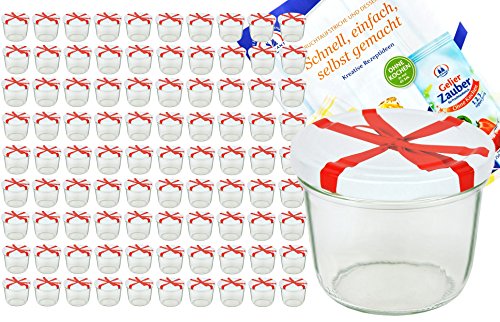 100er Set Sturzglas 230 ml To 82 weißer Deckel mit Schleifendekor incl. Diamant Gelierzauber Rezeptheft Marmeladenglas Einmachglas Einweckglas
