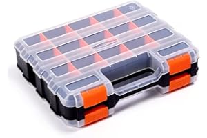SUNYEAP Double Side Tool Storage Box with Removable Plastic Partition, Hardware Box Storage, 34-Compartments, Excellent for Screws, Nuts, Small Parts, Black/Orange
