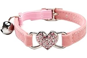 Collar de gato con campana de Chukchi, hecho de terciopelo suave y seguro, ajustable, con corazón de cristal, de 20 a 28 cm