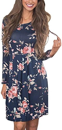 Kinikiss Women's Long Sleeve Floral Print Pleated Casual Swing Tunic T-shirt Dresses