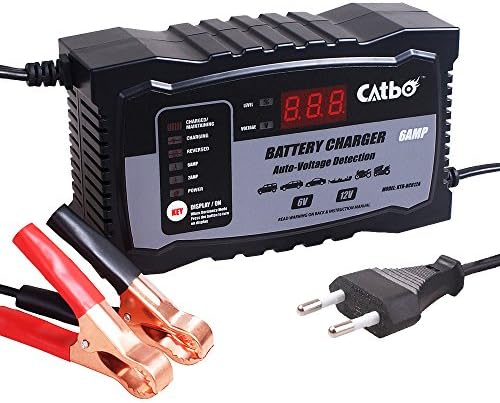 CATBO Battery Charger 2Amp 6 Amp Auto-Voltage Detection，Lead Acid Battery Float Charger Maintainer With LCD Display For Motorcycle Car Boat Marine Lawn mower Atv Toy Car