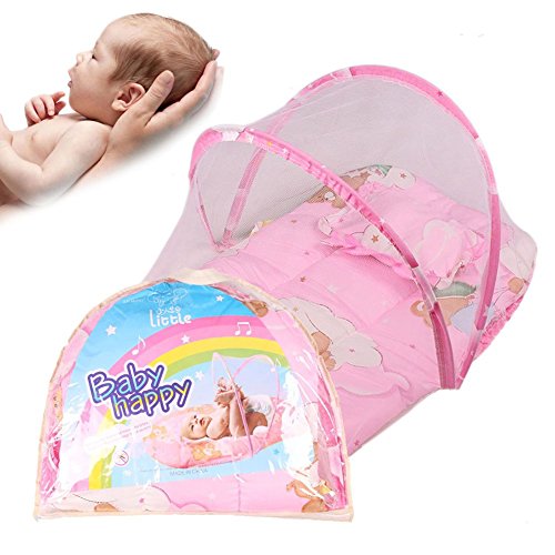 0-2 Years Baby Bed Mosquito Net, Portable Folding Travel Crib Bed Canopy Tent With Pillow,Mosquito Protection Breathable Cotton Baby Tent Beach Play Tent Mosquito Protection (Pink)