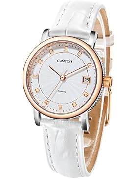 Comtex Quarz Damen Rose Gold Uhren mit Weiß Lederband Kalender Display Einfache Elegant