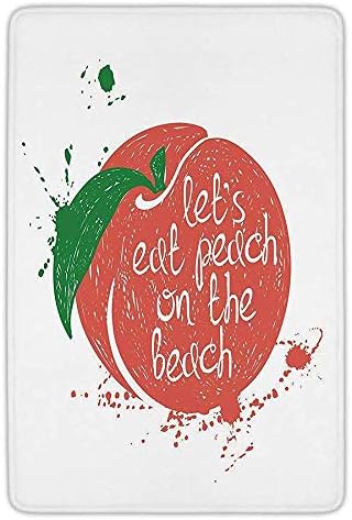 Bathroom Bath Rug Kitchen Floor Mat Carpet,Peach,Soft Fruit Design with Stem and Leaf Lets Eat Peach on the Beach Quirky Quote Decorative,Green Coral White,Flannel Microfiber Non-slip Soft Absorbent