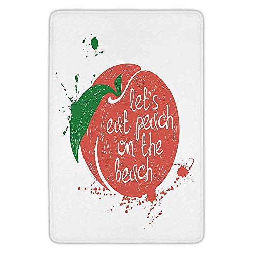 Bathroom Bath Rug Kitchen Floor Mat Carpet,Peach,Soft Fruit Design with Stem and Leaf Lets Eat Peach on the Beach Quirky Quote Decorative,Green Coral White,Flannel Microfiber Non-slip Soft Absorbent
