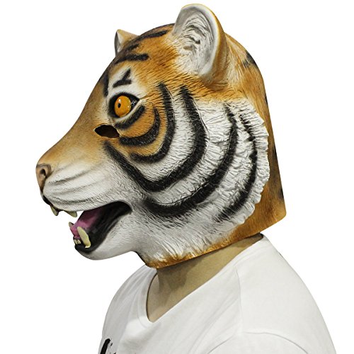 Tiger Maske,Cusfull Deluxe braun Tigermaske Tier Maske Wildkatze Tiermaske Kopfmaske Erwachsenen Kostüm Zubehör für Halloween Fasching Karneval - 2