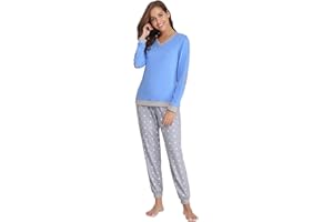 Nieery Pijamas Mujer Algodón Invierno Manga Larga Set Camiseta Cuello V y Pantalones Lunares Comodo Conjuntos para Hogar Suave