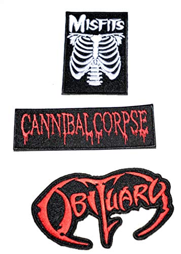 Set of 3 Iron On Patches (Obituary,Misfits, Cannibal Corpse).Sold by Deal from Home, Next Day delivery, Sent from u.k