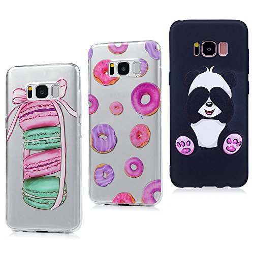 3X Coque Étui Transparent pour Samsung Galaxy S8 Cadre en Silicone TPU Housse de Protection Fine Souple Ultra Mince Flexible Anti-Choc Etui Dessin Original Motif Case Macaron * Donuts * Panda