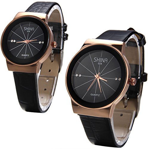 JewelryWe 2pcs Herren Damen Armbanduhr, Analog Quarz Wasserdicht, Fashion Einzigartig Elegant Schwarz Leder Armband Uhr mit Strass Schwarz Zifferblatt JewelryWe 2pcs Herren Damen Armbanduhr, Analog Quarz Wasserdicht, Fashion Einzigartig Elegant Schwarz Leder Armband Uhr mit Strass Schwarz Zifferblatt