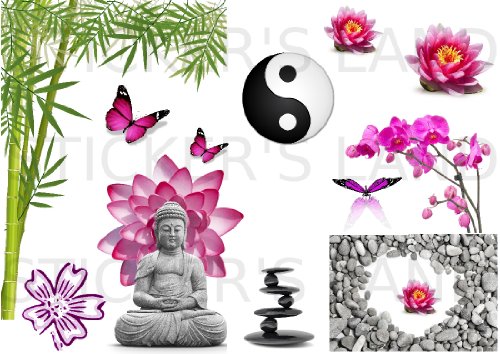 Planche stickers zen muraux mural scrapbooking enfants adultes maison cuisine salle de bain salon chambre bureau mur porte lit meuble vitre miroir boite mug autocollant waterproof A4