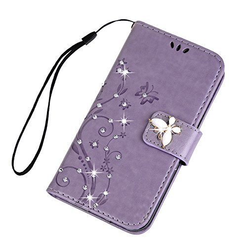 Galaxy J3 Case 2017, Galaxy J3 Prime Case Bling Crystal Diamond Leather Cover Embossed Butterfly Florals Design PU Leather Flip Case TPU Bumper Cover Kickstand Magnetic Case with Card Slots Holders & Wrist Strap Case for Samsung Galaxy J3 / J3 Prime / J3 Emerge - Light Purple