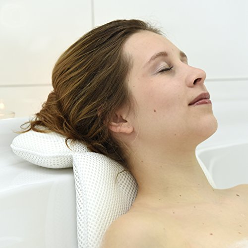 Hochwertiges Badewannenkissen zur angenehmen Polsterung von Kopf, Nacken und Schultern – rutschfester Halt durch Saugnäpfe – inkl. GRATIS Massage Schwamm – Nackenkissen, Wannenkissen, Komfort Badekissen - 6