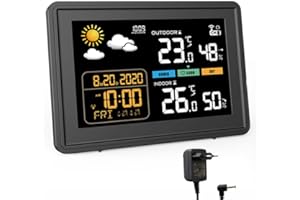 VONIVI 5,9 Zoll Wetterstation funk mit Außensensor 2025 Versionen VA-Display Kabellos DCF Funkuhr Wetter station mit Farbdisplay Empfangssignal Funkuhr Innen und Außentemperatur mit DC Netzteil Schwarz