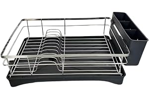 304 rostfritt stål köksdiskställ, stor kapacitet bänkskiva torktumlare med räfflad bräda, halkfri organiserare för tallrikar skålar koppar, rostbeständig modern förvaring, svart yta (B)